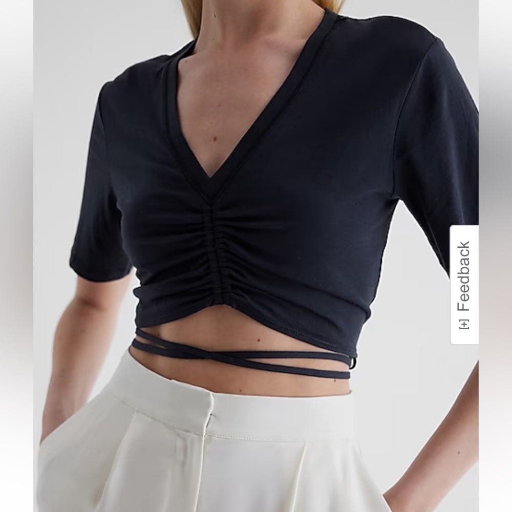 Express Navy V-Neck Ruched Tie Front Crop Top XL NWT